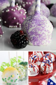 cake pops with sprinkles and berries on them are shown in four different pictures