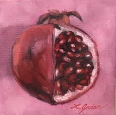 an acrylic painting of a pomegranate on a pink background,