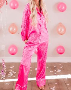 Pink Party Pajama Set Ladies Pajamas, Hot Pink Leopard, Zipper Jumpsuit, Pink Cheetah Print, Comfy Jumpsuits, Drawstring Waist Pants, Long Sleeve Denim Jacket, Satin Long Sleeve