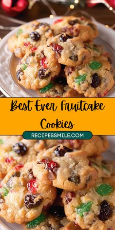 the best ever fruitcake cookies recipe on a plate with christmas decorations in the background