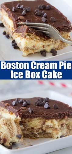 boston cream pie ice box cake on a white plate with chocolate chips and a fork