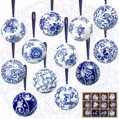 twelve blue and white ceramic balls with black handles are arranged in a gridded pattern