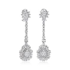 Ross-Simons - 3.50 ct. t. w. Diamond Teardrop Earrings in 14kt White Gold. On this statement-worthy pair, 3.50 ct. t. w. baguette, round and round brilliant-cut diamonds are beautifully arranged into elongated drops capped with teardrop clusters. Formal outfits will become noticeably more breathtaking in their presence! Crafted in 14kt white gold. Hanging length is 2 3/8". Post/clutch, diamond teardrop earrings. Diamond birthstones are the perfect gift for April birthdays. Elegant Gia Certified Teardrop Diamond Earrings, Timeless Pear-shaped Diamond Earrings For Formal Occasions, Brilliant Cut Drop Diamond Earrings For Formal Occasions, Formal Clip-on Diamond Drop Earrings, Gia Certified Pear Shaped Formal Earrings, Formal White Gold Teardrop Earrings With Brilliant Cut, Classic Teardrop Gia Certified Diamond Earrings, Gia Certified Classic Teardrop Diamond Earrings, Classic Gia Certified Teardrop Diamond Earrings