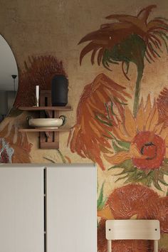 #wallpaper #vangogh #sunflowers #interiordesign #homedecor #peach #boldcolors #repeatpattern #wallart Peach Colored Wallpaper, Best Living Room Wallpaper, Colored Wallpaper, Peach Wallpaper, Wallpaper Inspiration, Bright Wallpaper, Iconic Artwork