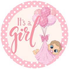 it's a girl sticker with a baby holding balloons in the shape of a ballon