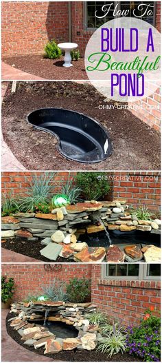 an outdoor pond made out of rocks and stones with text overlay that says build a beautiful pond