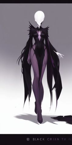 a woman with long black hair is walking down the street wearing a purple and black costume