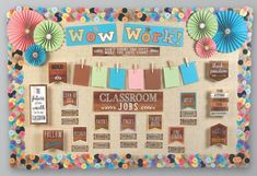 a bulletin board with colorful paper decorations on it and words that spell out wow word