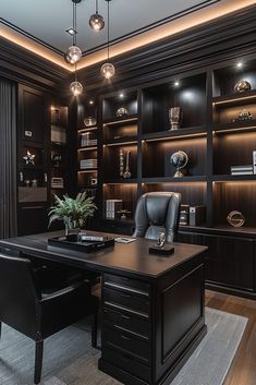 an office with dark wood cabinets and black leather chairs, built in shelving units