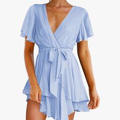 Cute Flowy Dress Bought On Amazon Never Worn Fits A Small/Medium Sundress Short, Flowy Sundress, Ruffle Long Sleeve Dress, Layered Ruffle Dress, Mini Wrap, Dresses Elegant, Short Dresses Casual, Fit And Flare Dress, V Neck Dress