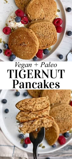 vegan and paleo tigernut pancakes on a plate with berries