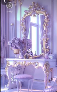 an ornate vanity and stool with flowers on the table in front of a large mirror