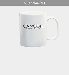 a white coffee mug with the words samson on it