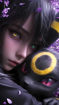 a woman with black hair and yellow eyes hugging a cat's face in front of purple flowers