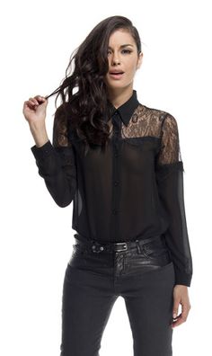 Mysterious Girl Shirt Black #fashion #style #moda #monochrome #black #white #onehoneyboutique #onlineboutique #australianstyle #australianfashion #shirt #womensshirt #seethrushirt #longsleeveshirt #lace #collar Black Fashion Style, Mysterious Girl, Girl Shirt, Lace Collar