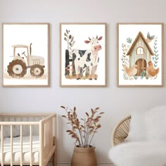 three farm animals are hanging on the wall next to a baby's crib