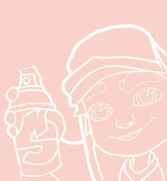 a drawing of a woman holding a bottle and looking at the camera while wearing a hat