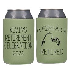 two can coolers with fishing related labels on them, one for retirement and the other for retirement