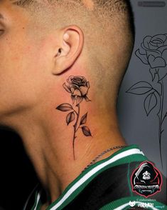 a man's neck with a rose tattoo on the side of his neck and behind his ear