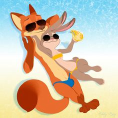 an image of a cartoon fox with sunglasses on it's head holding onto another animal