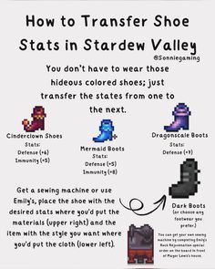 the instructions for how to transfer shoes in stardew valley, from an old video game