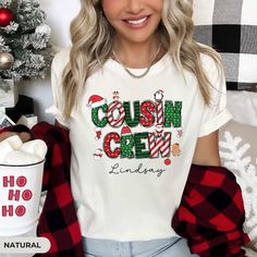 Introducing the Christmas Cousin Crew Shirt - the perfect way to celebrate the holidays with your favorite cousins! This festive, personalized shirt features vibrant Christmas colors, adorable holiday icons like Santa hats, candy canes, and gingerbread men, all wrapped around bold "Cousin Crew" lettering. Each shirt is custom-made with your cousin's name, making it a unique and thoughtful gift for family gatherings or holiday photos. Soft, comfortable, and full of Christmas cheer, these shirts a Cousin Christmas Shirts Funny, Cousin Crew Christmas Shirts, Cousin Crew Tshirts, Cousin Christmas Shirts Kids, Cousin Crew Christmas Shirts Svg, Holiday Icon, Crew Shirt, Holiday Shirts, Holiday Photos