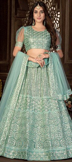 Blue color Lehenga in Net fabric with Embroidered, Resham, Sequence, Zari work Green Lehenga Choli, Bridesmaid Lehenga, Black Lehenga, Lehenga Choli Wedding, Party Wear Lehenga Choli, Lehenga Blouse Designs, Bollywood Lehenga, Green Lehenga, Net Lehenga