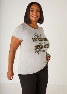 Kick off your day with a dose of positivity in the Start Each Day With A Grateful Heart stretch-knit tee! This cozy, slip-on style features a sparkling glittered graphic at the front, bringing a cheerful touch to your casual wardrobe. Perfect for spreading good vibes wherever you go! Plus Size Tees, Grateful Heart, Top Graphic Tees, Knit Tees, Jersey Tee, New Model, Casual Wardrobe, Tee Shirts, Graphic Tees