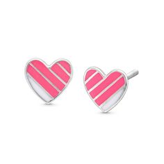 We are loving all things pink! These trendy pink and white enamel heart earrings are a playful treat. Made in responsibly sourced, nickel-free 925 sterling silver for everyday wear. Height: 6.6 mm Width: 7 mm Playful Pink Heart Earrings As Gift, Playful Pink Heart Earrings For Gift, Playful Pink Enamel Jewelry, Trendy Pink Sterling Silver Earrings, Playful Pink Jewelry For Mother's Day, Playful White Jewelry For Valentine's Day, Playful Pink Heart Earrings For Valentine's Day, Playful Pink Earrings For Valentine's Day, Nickel-free White Sterling Silver Heart Earrings