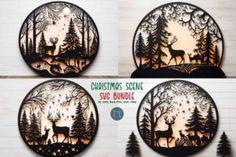 four christmas scene coasters with deer in the woods