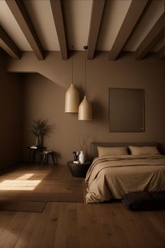 a bed sitting in a bedroom next to two lamps