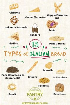 the types of italian bread are shown in this graphic diagram, which includes different kinds of bread