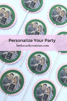 a couple holding up a photo on top of some lollipops with the words personalize your party