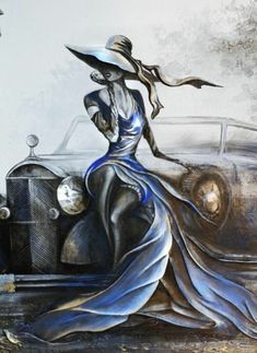 a painting of a woman in a long dress and hat standing next to an old car