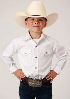 Upgrade your young cowboy's wardrobe with this high-quality Roper Boys Long Sleeve Snap Solid Poplin Shirt. The solid design with snap closure and 2 pockets give it a classic Western look, while the durable poplin fabric ensures long-lasting wear. Perfect for any occasion, whether it's a day on the ranch or a special event. Classic Shirt With Pockets For Rodeo, Western Style White Shirt For Fall, White Western Shirt For Fall, Classic Shirt With Snap Buttons For Rodeo, White Shirt For Rodeo In Spring, Western-themed Cotton Shirt With Button Closure, White Western Style Cotton Shirt, White Cotton Western Shirt, Toddler Boots