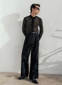 Black Wide Leg Flare Trousers ‐ Phix Man Trousers, Denim Flare Jeans, Androgynous Fashion, Wool Trousers, Flare Trousers, Denim Flares, Black Sequins, Black Wool, Rolling Stones