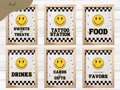 four framed signs with smiley faces and words on them that say,'sweets are station cards