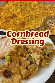 cornbread dressing with chicken and vegetables on a plate