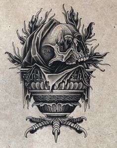 a black and white drawing of a skull in a bowl with flames on the side