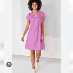 New Without Tag Women Dress, 100% Linen, Side Pockets Summer Dresses With Pintucks And Short Sleeves, Relaxed Fit Split Neck Dress, Short Sleeve Dresses With Pintucks, Relaxed Fit Purple V-neck Dress, Casual Summer Dresses With Pintucks, Casual Pleated Purple Dresses, Casual Summer Dress With Pintucks, Casual Purple Pleated Dresses, Short Sleeve Pintucks Dress For Spring