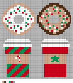 a cross stitch pattern with coffee, donuts and christmas sweaters on it's side