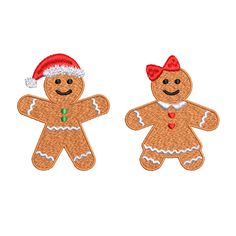 two gingerbreads with santa hats on their heads and one is wearing a red hat