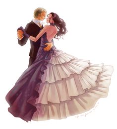 a man and woman dressed in formal wear are dancing on the dancefloss with their arms around each other