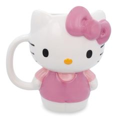 a hello kitty coffee mug with a pink bow on it's head is shown