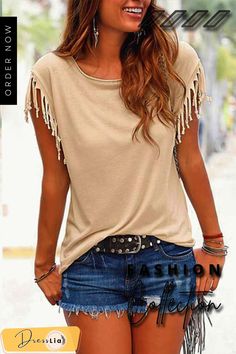 Short-sleeve Loose Tassel T-shirt(3 Colors) Shirt Weaving, T Shirt Weaving, Tassel Shorts, Outfit Chic, Cut T Shirt, Estilo Hip Hop, Creation Couture, Round Neck Tops, Loose Tops