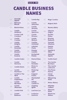 a list of candles with the names of them in purple and blue colors, on a white background