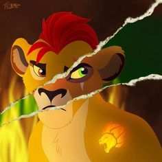 an animated lion with red hair and green eyes looking through torn pieces in the background