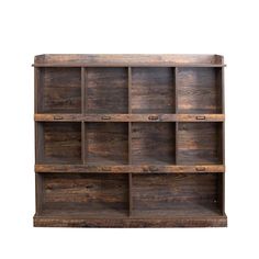 an old wooden shelf with many compartments