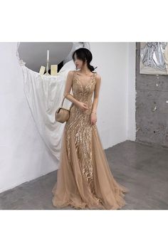 Shop Champagne Beaded Vneck Tulle Long Prom Dress Sleeveless online. SheProm offers formal, party, casual & more style dresses to fit your special occasions. Beige Dress Formal, Beige Prom Dress, Beige Prom Dresses, Fairytale Prom Dress, Prom Dress Aesthetic, Champagne Evening Gown, Prom Dress Sleeveless, Tulle Long Prom Dress, Champagne Prom Dress