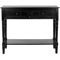 a black console table with two drawers